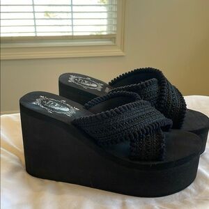 New Women's Black Platform Foam Wedge Sandals